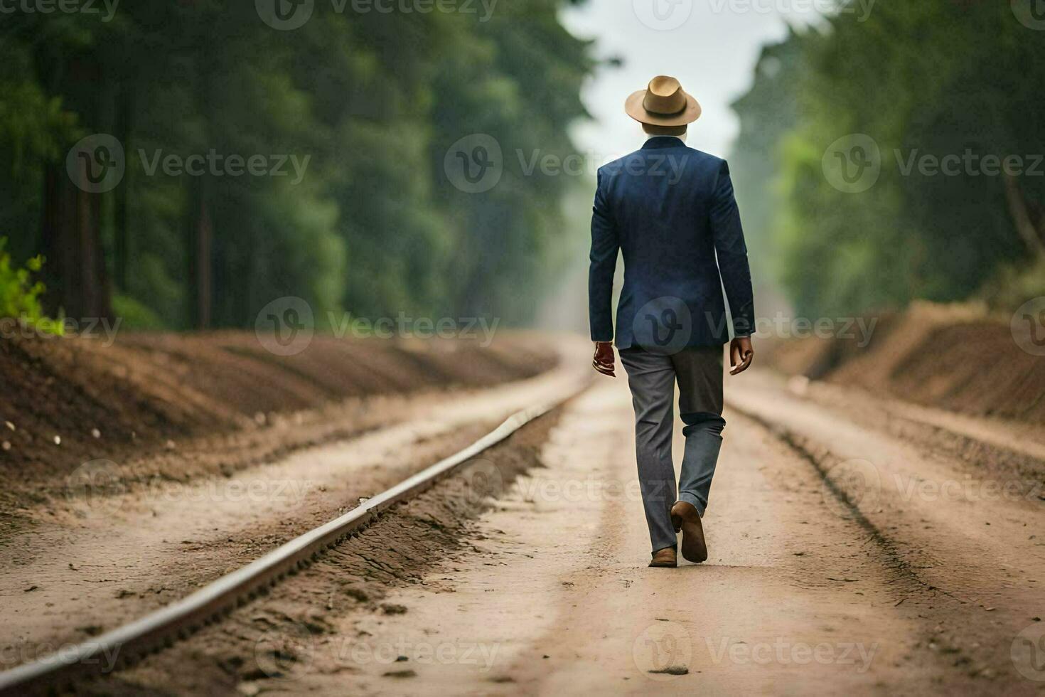 une homme dans une costume et chapeau en marchant vers le bas une saleté route. généré par ai photo