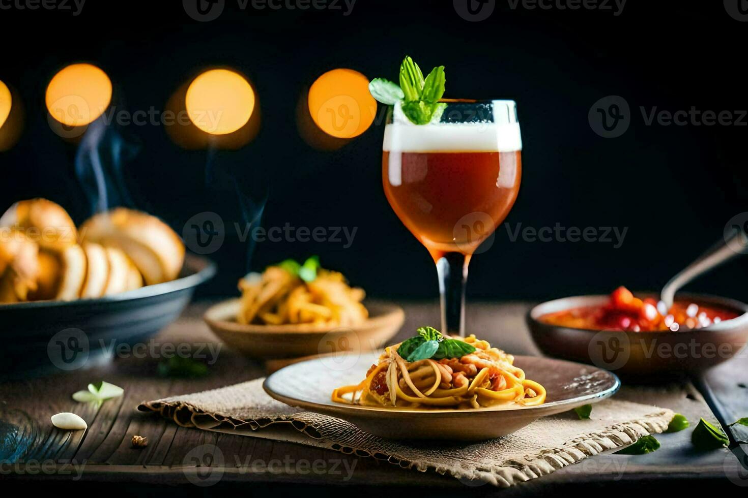 spaghetti et Bière sur une en bois tableau. généré par ai photo