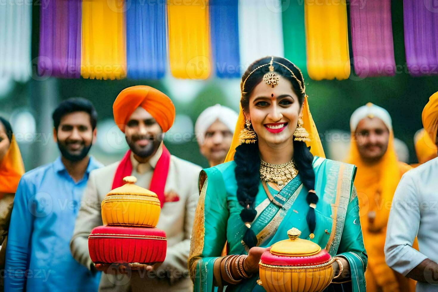 une femme dans une turban en portant une bol de aliments. généré par ai photo