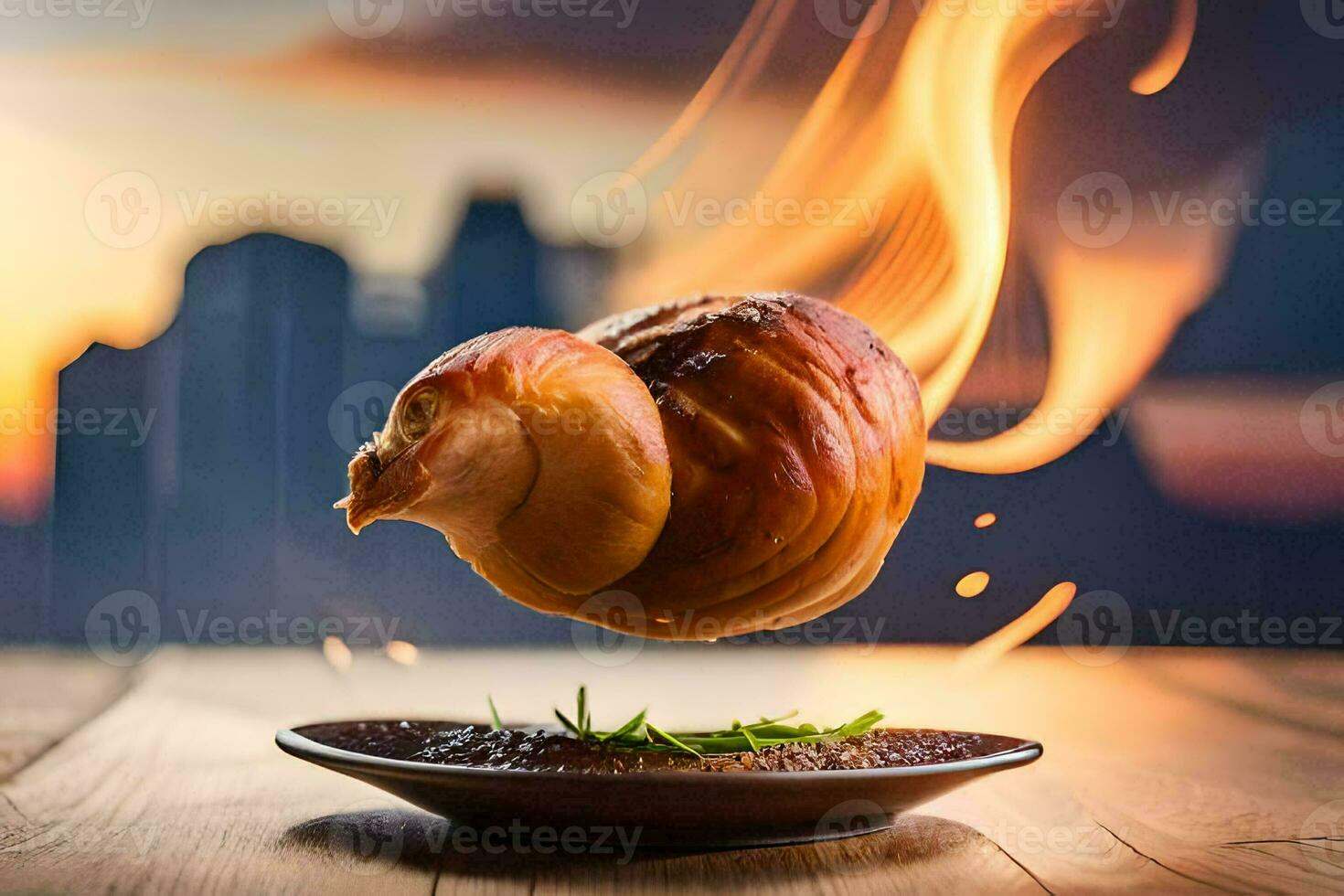 une escargot est en volant dans le air avec une Feu. généré par ai photo