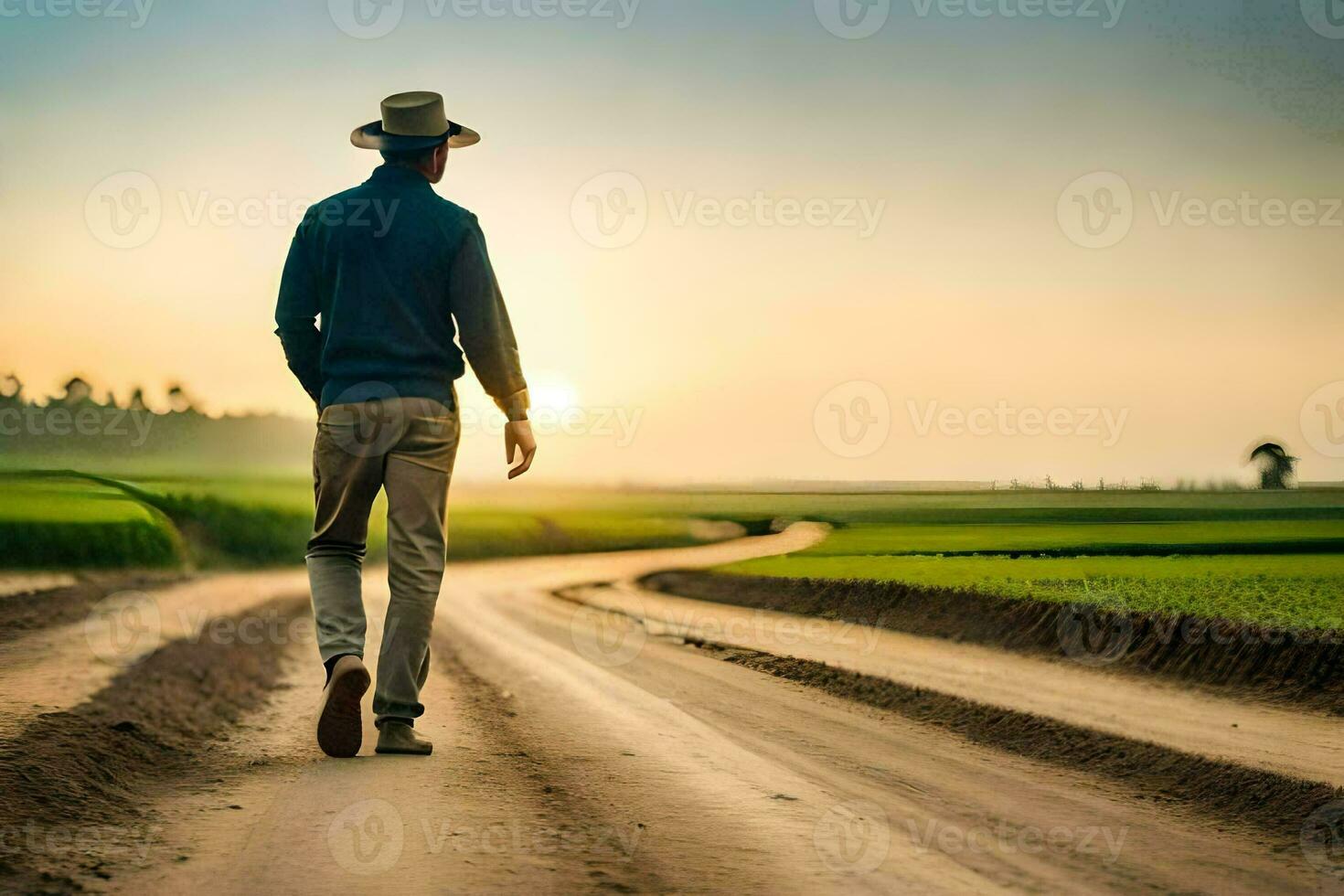 homme en marchant sur une saleté route dans le milieu de une champ. généré par ai photo