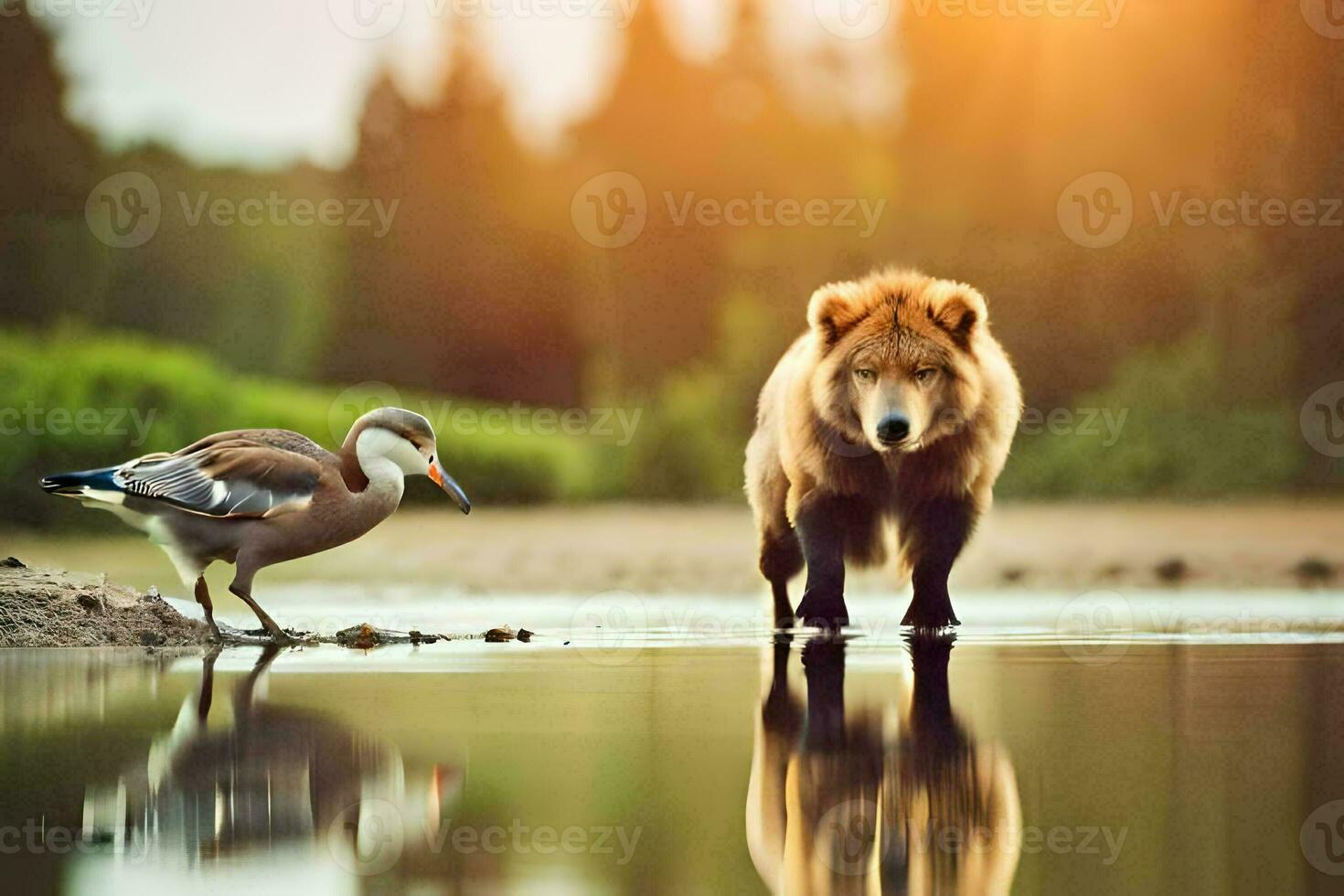 une ours et une oiseau permanent dans le l'eau. généré par ai photo