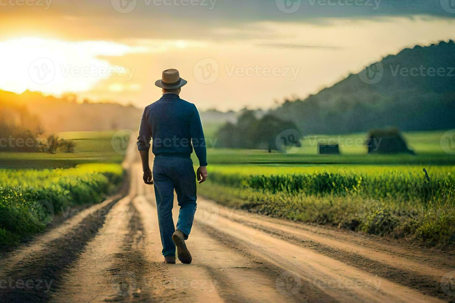 homme en marchant sur une saleté route à le coucher du soleil. généré par ai photo