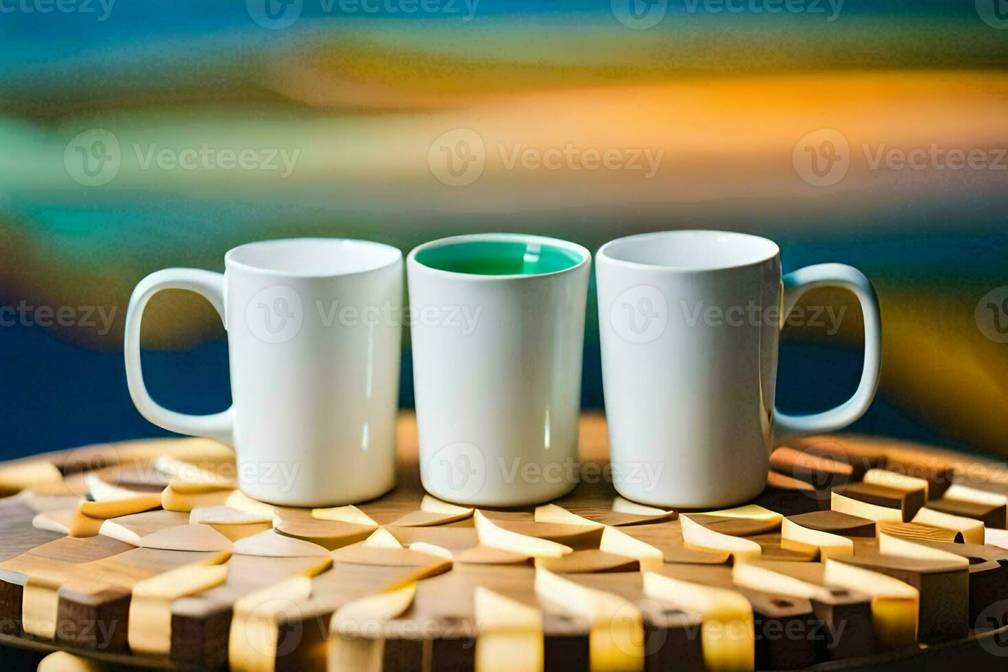 Trois blanc café des tasses asseoir sur une en bois tableau. généré par ai photo