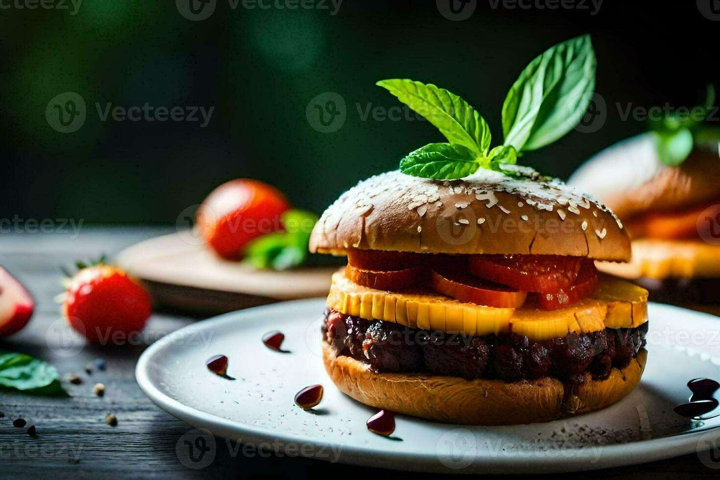 une Hamburger avec tomates et fromage sur une plaque. généré par ai photo