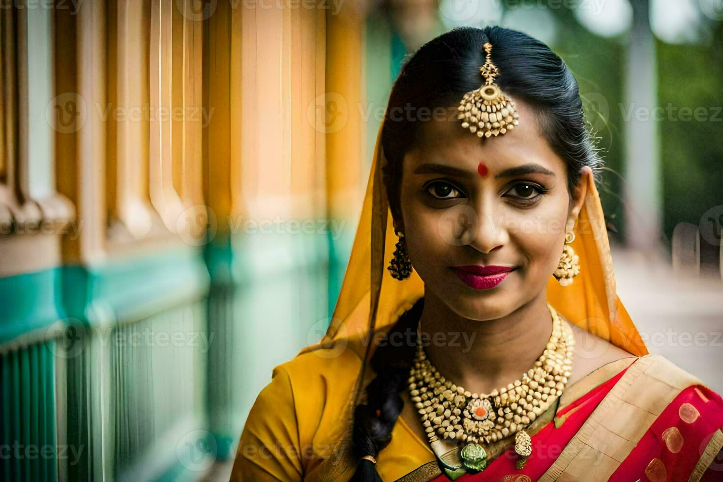 une magnifique Indien femme portant bijoux et une sari. généré par ai photo