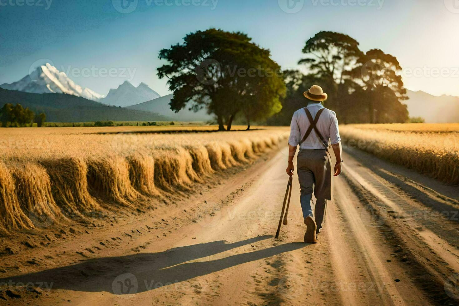 une homme en marchant vers le bas une saleté route avec une canne. généré par ai photo