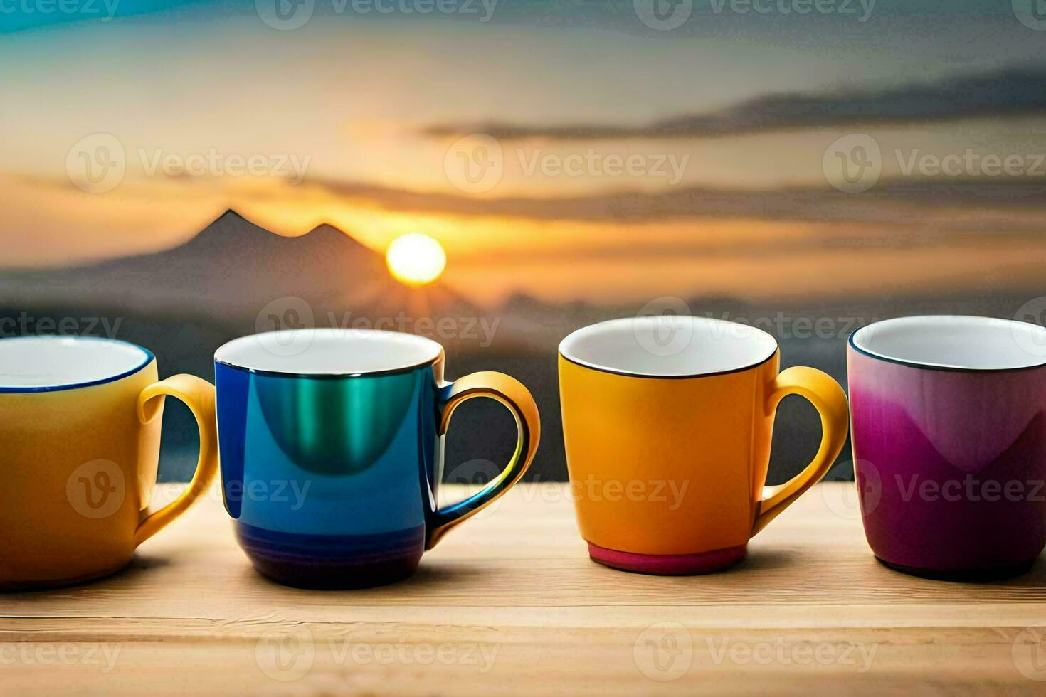 quatre coloré café tasses sur une table avec montagnes dans le Contexte. généré par ai photo