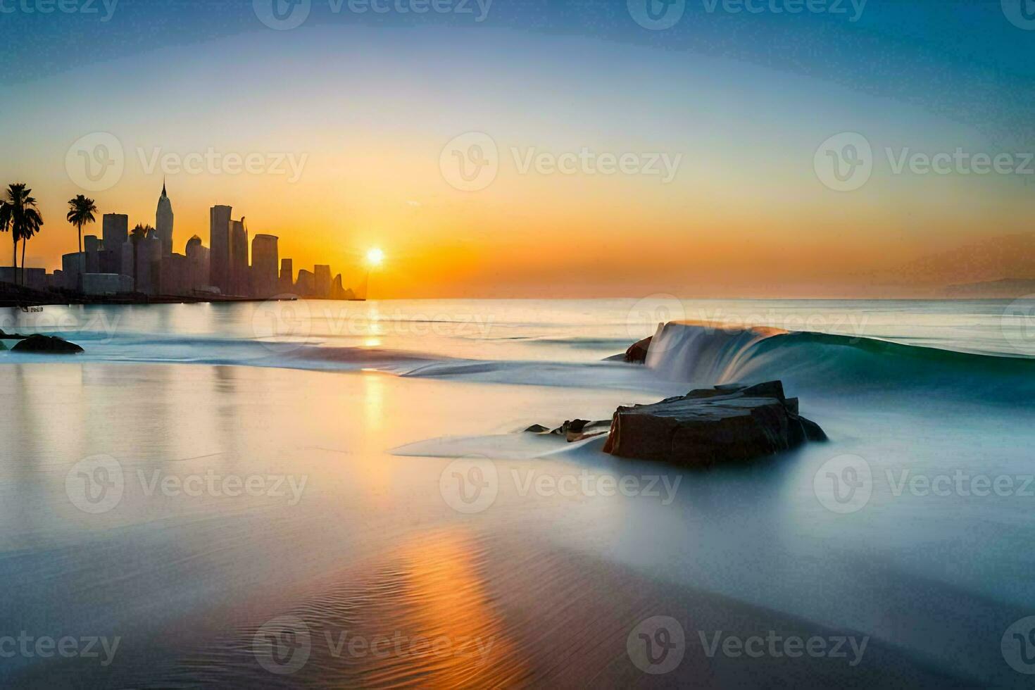 le le coucher du soleil plus de le ville ligne d'horizon. généré par ai photo