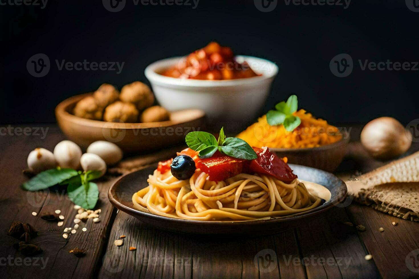 spaghetti avec tomate sauce et Boulettes de viande sur une en bois tableau. généré par ai photo