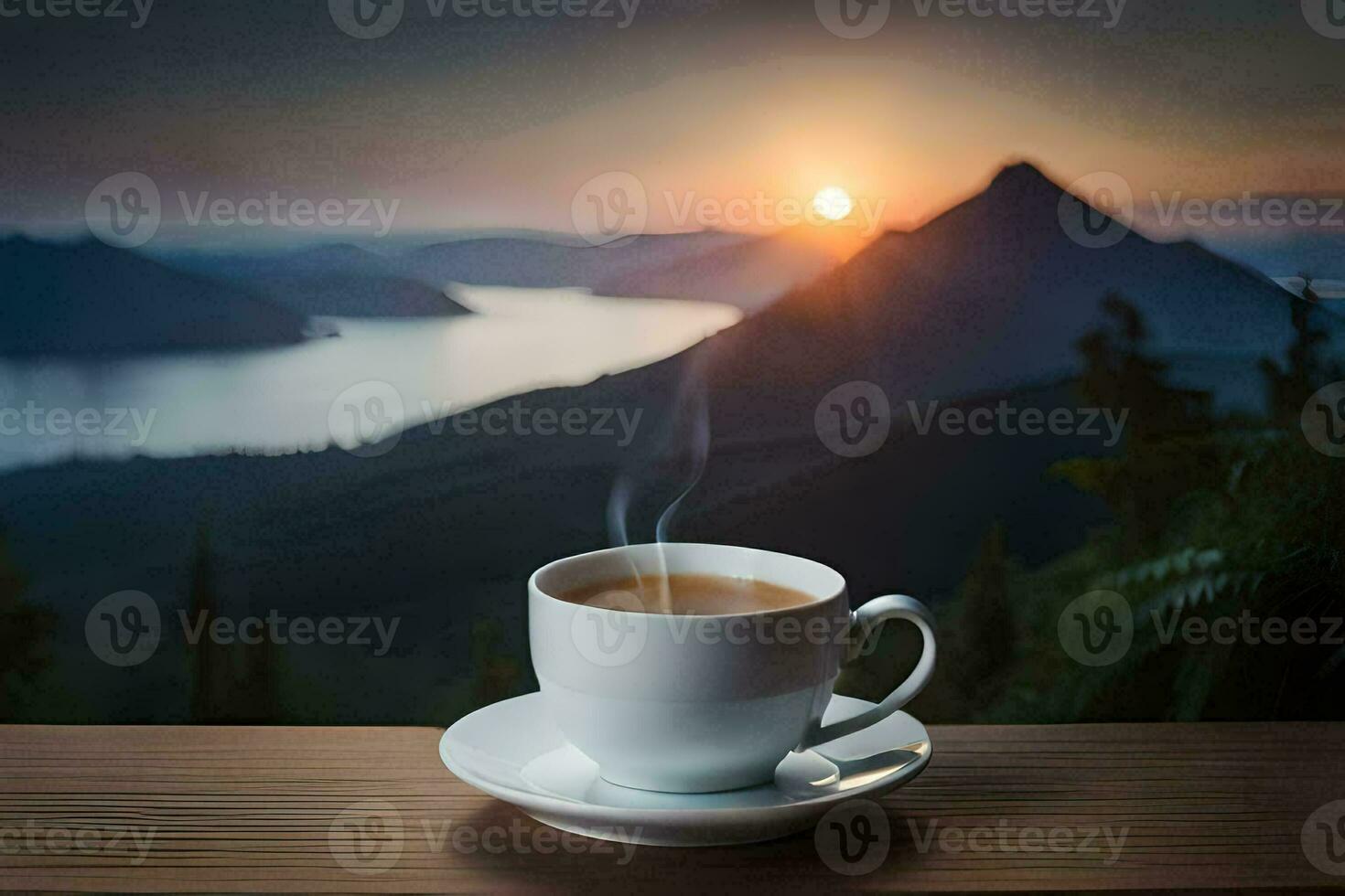 une tasse de café sur une en bois table avec une vue de montagnes et une lever du soleil. généré par ai photo