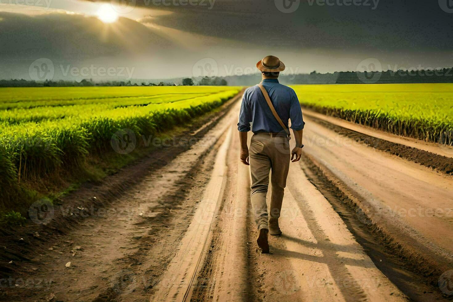 une homme dans une chapeau des promenades vers le bas une saleté route dans une champ. généré par ai photo