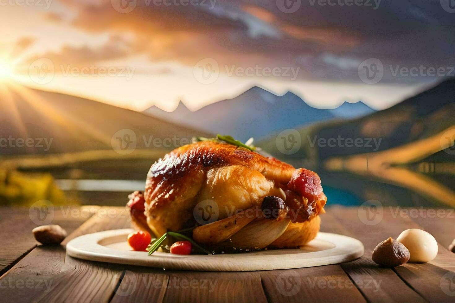 poulet sur une assiette avec une Montagne voir. généré par ai photo