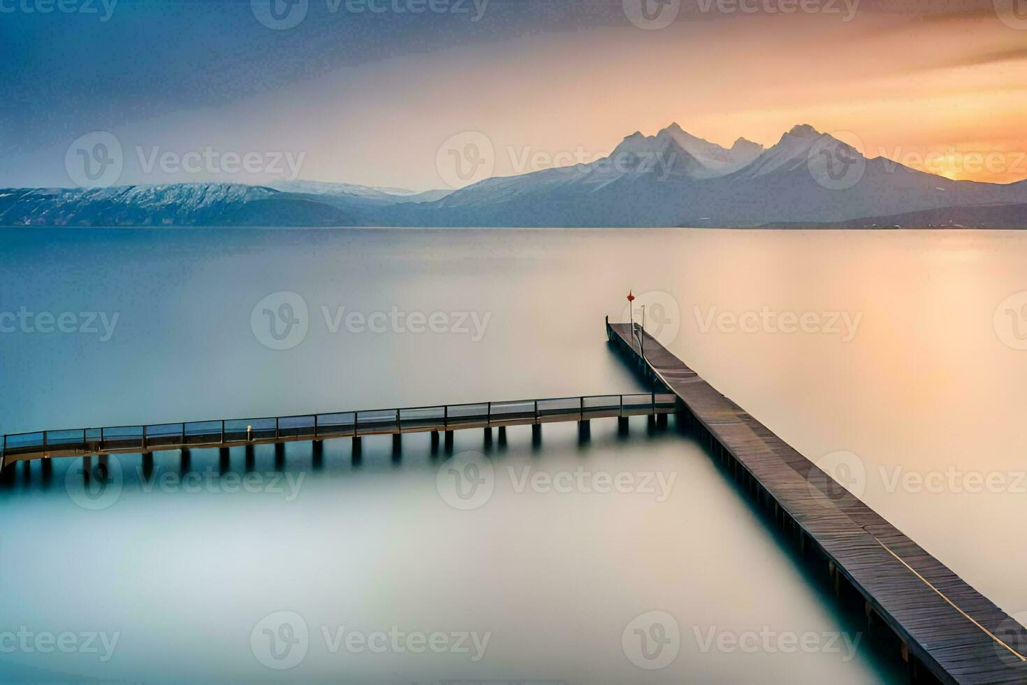 une longue exposition photographier de une jetée dans le l'eau avec montagnes dans le Contexte. généré par ai photo