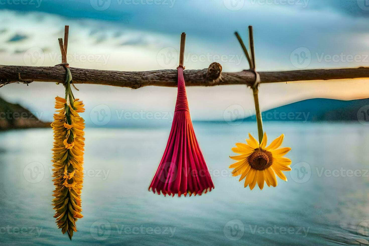 Trois coloré fleurs pendre de une branche plus de le l'eau. généré par ai photo