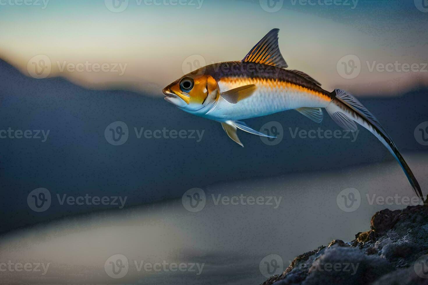 une poisson est en volant plus de le l'eau. généré par ai photo