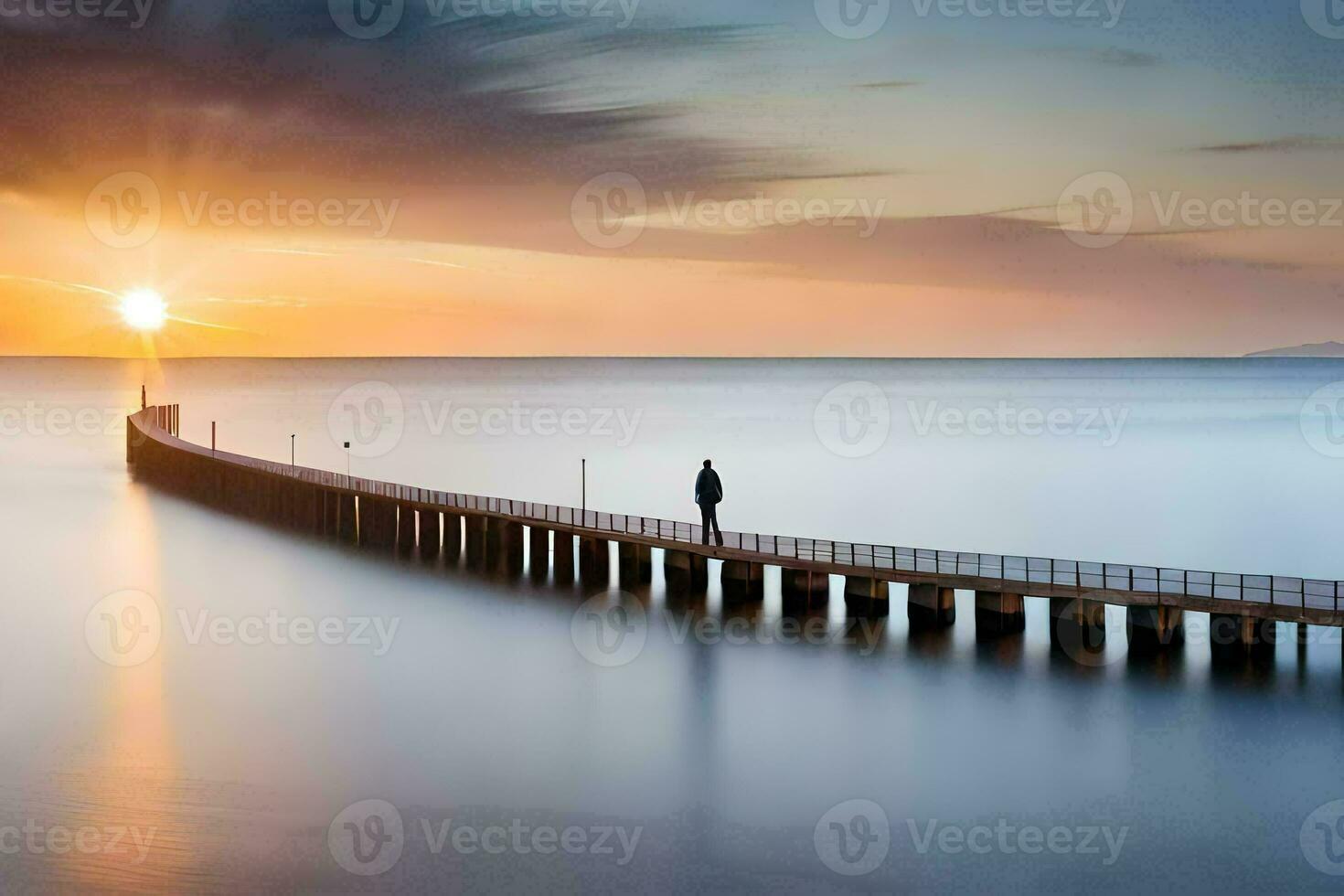 une homme des stands sur une jetée à le coucher du soleil. généré par ai photo