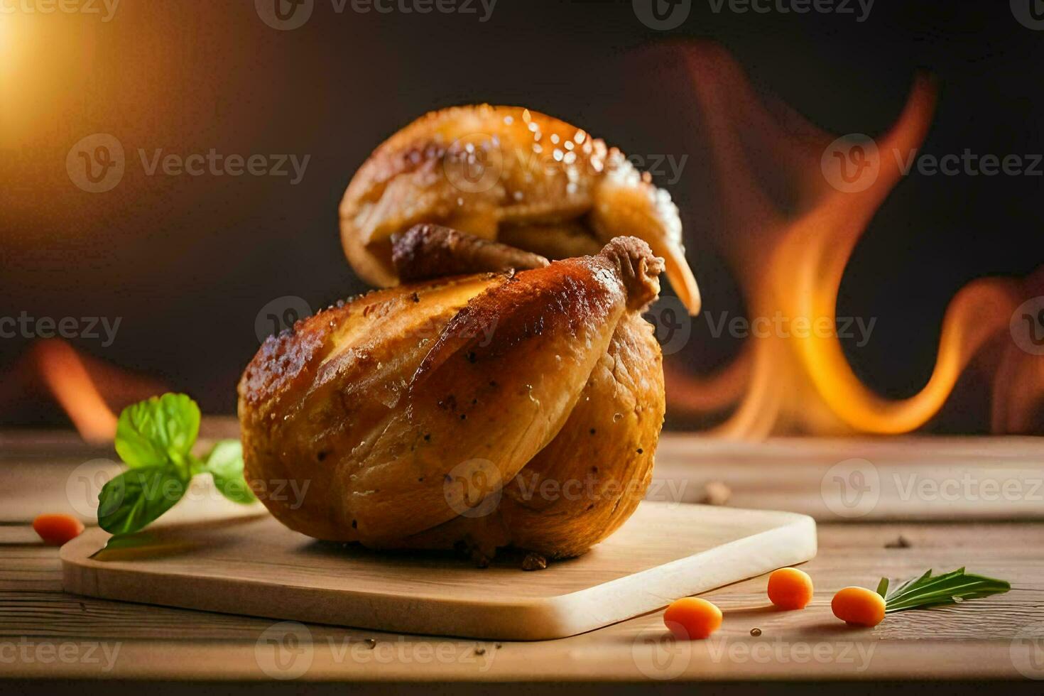 rôti poulet sur une en bois Coupe planche avec Feu dans le Contexte. généré par ai photo