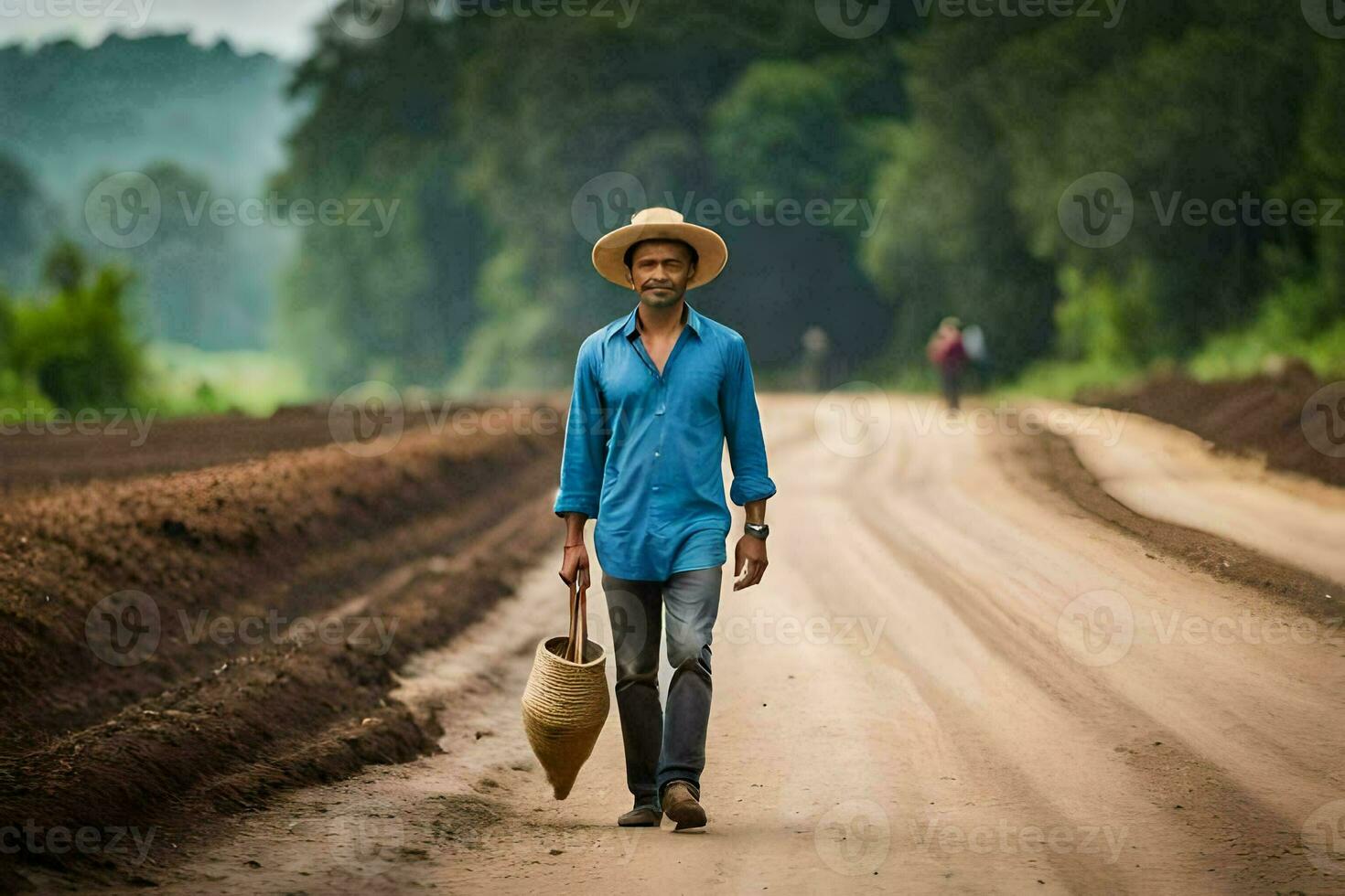 une homme dans une chapeau des promenades vers le bas une saleté route. généré par ai photo