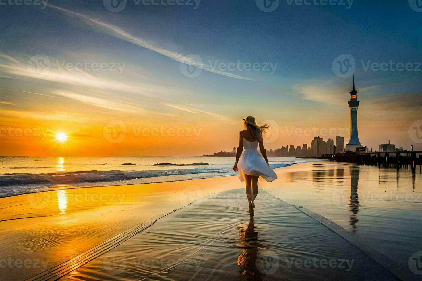 une femme en marchant sur le plage à le coucher du soleil. généré par ai photo