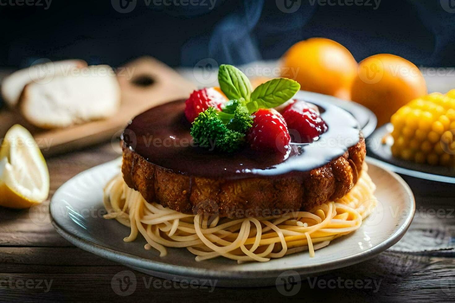 une gâteau avec des fraises et Chocolat sur Haut. généré par ai photo