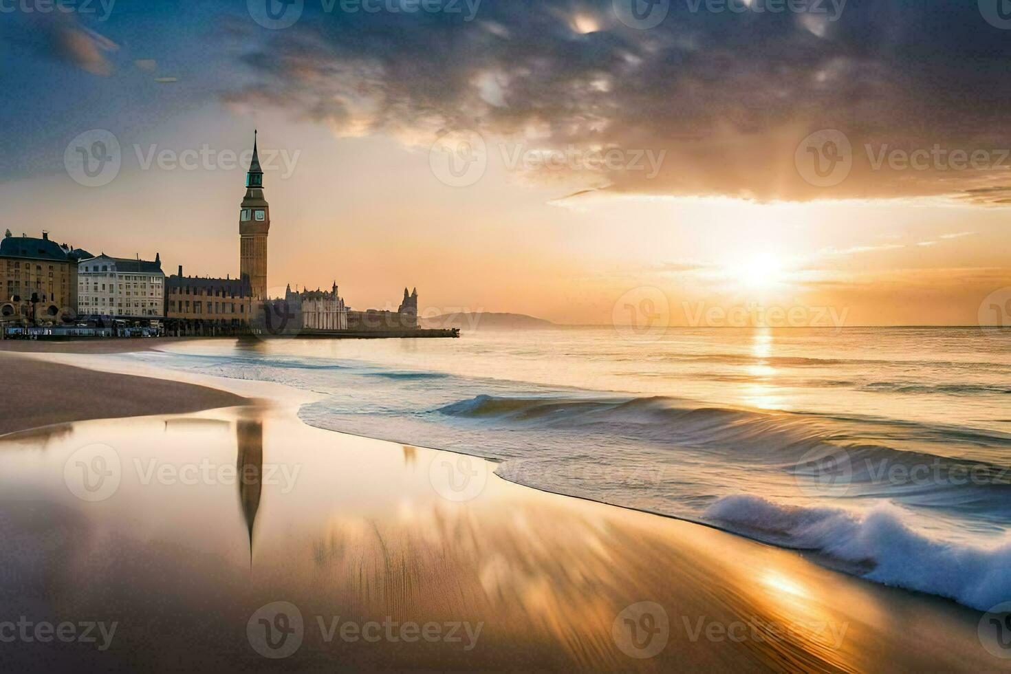 le coucher du soleil plus de le mer et une église la tour. généré par ai photo