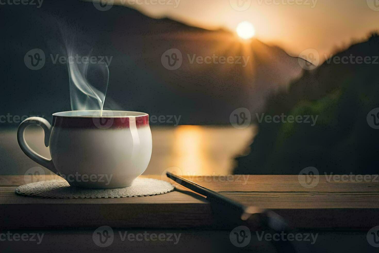 une tasse de café sur une table avec le Soleil réglage derrière il. généré par ai photo