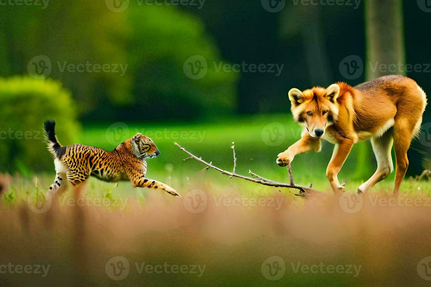 une tigre et une chien en jouant dans le herbe. généré par ai photo
