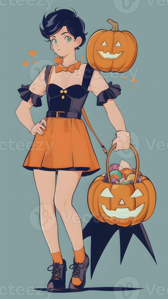 en train de préparer pour Halloween une mignonne Jeune fille et le sien citrouille dans anime style avec Facile Contexte photo