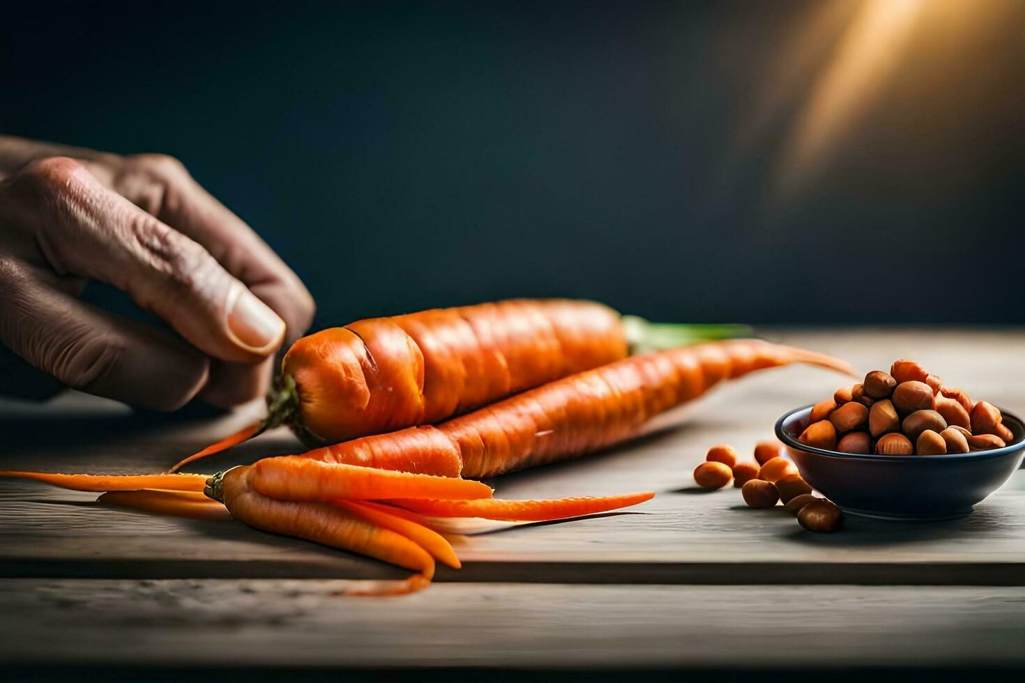 une homme est Coupe carottes avec une couteau. généré par ai photo