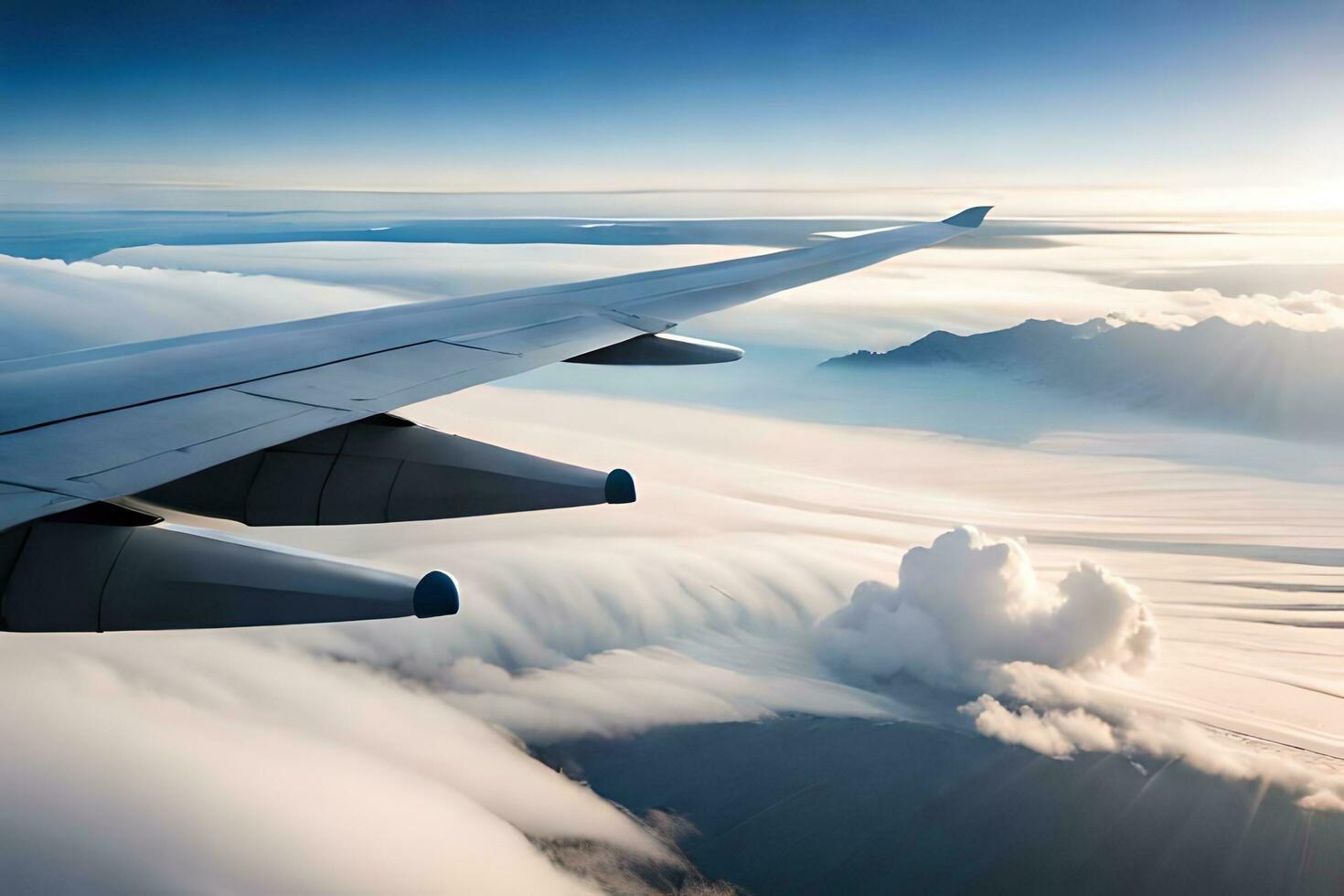 un avion aile est vu en volant plus de des nuages. généré par ai photo