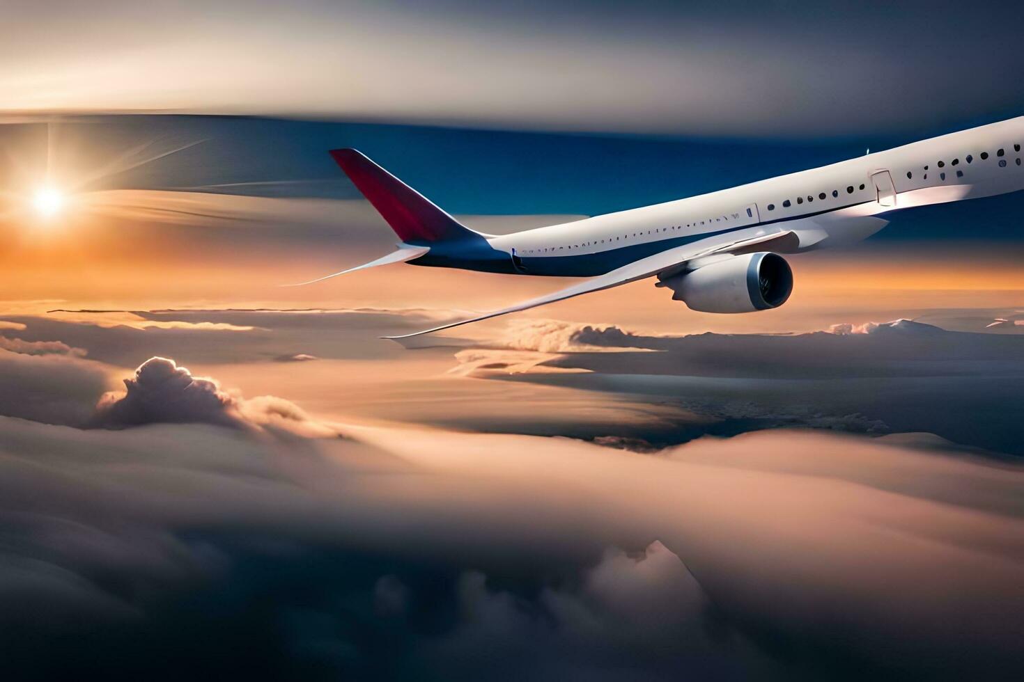 une grand passager jet en volant plus de des nuages. généré par ai photo