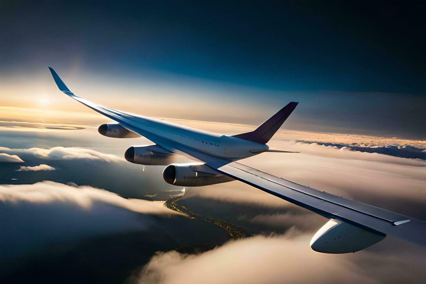 un avion en volant par le des nuages à le coucher du soleil. généré par ai photo