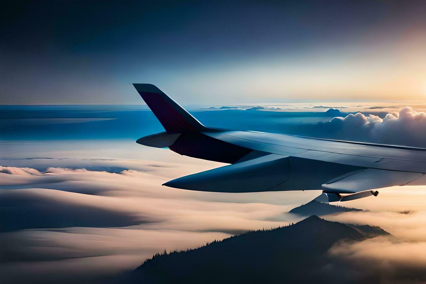 un avion aile en volant plus de des nuages à le coucher du soleil. généré par ai photo