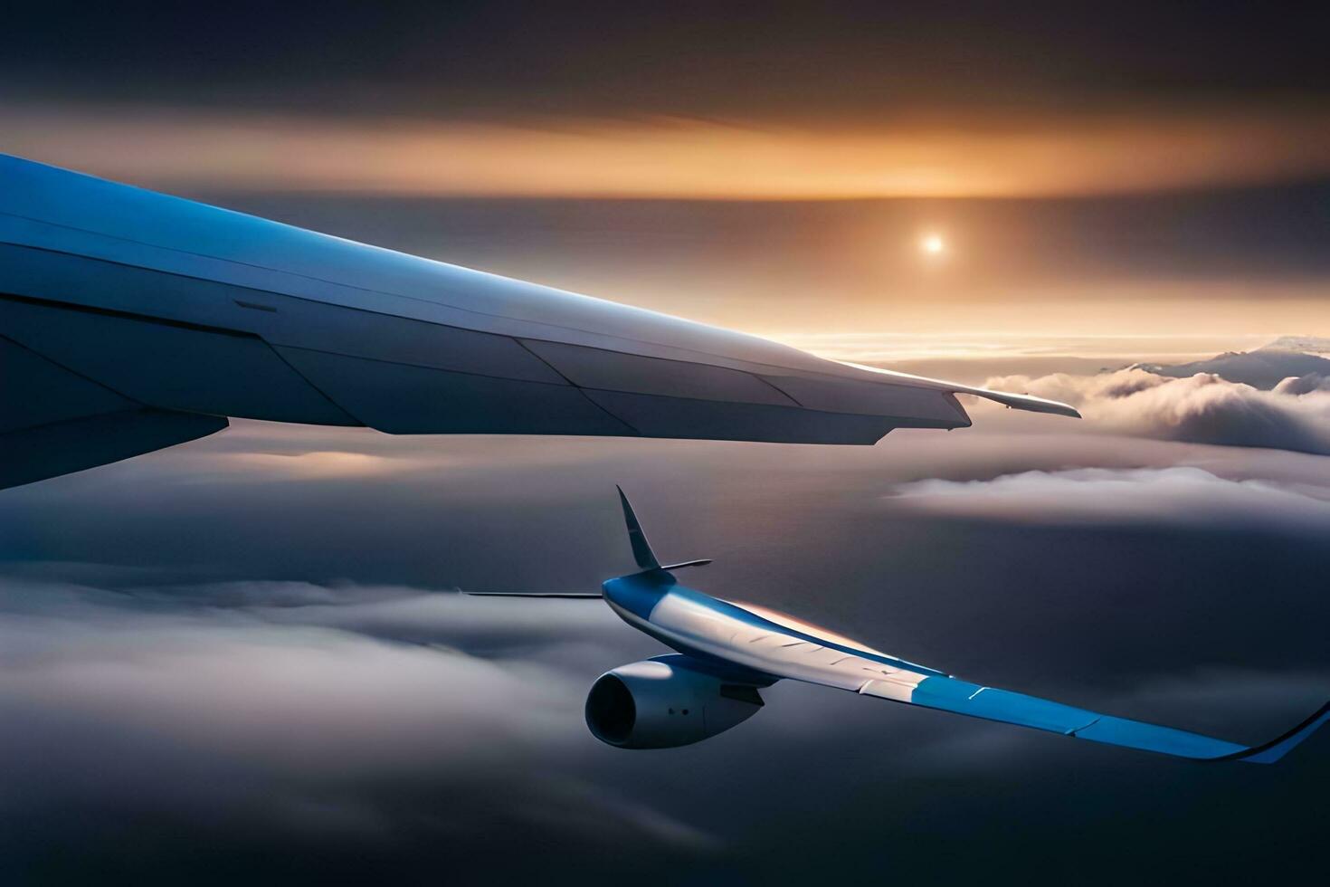 une avion en volant plus de des nuages avec le Soleil dans le Contexte. généré par ai photo