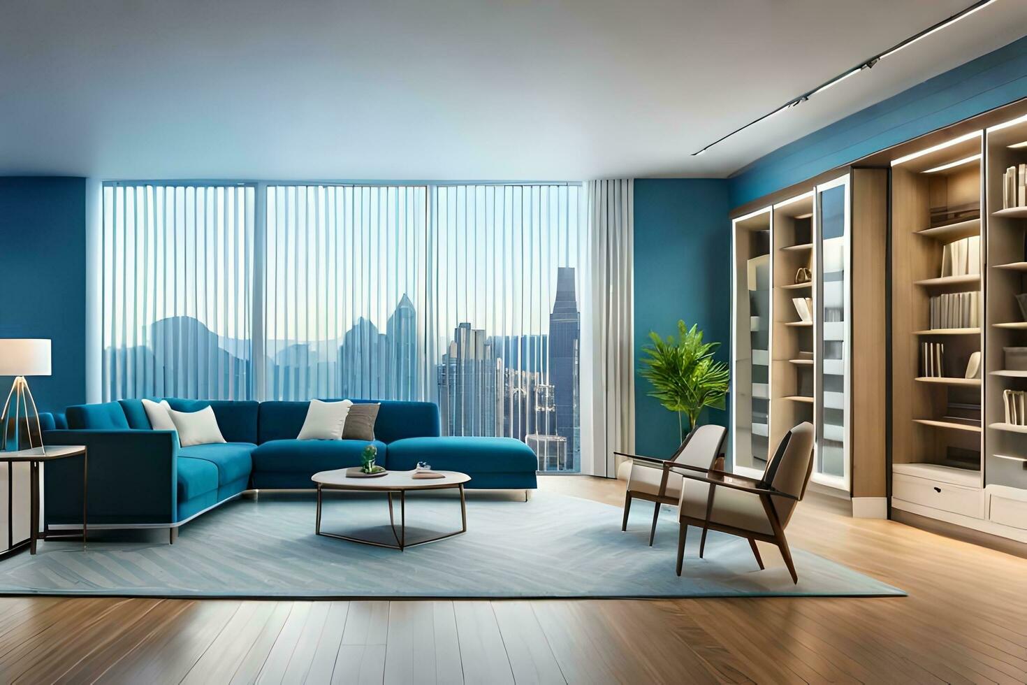 moderne vivant pièce avec bleu des murs et en bois étages. généré par ai photo