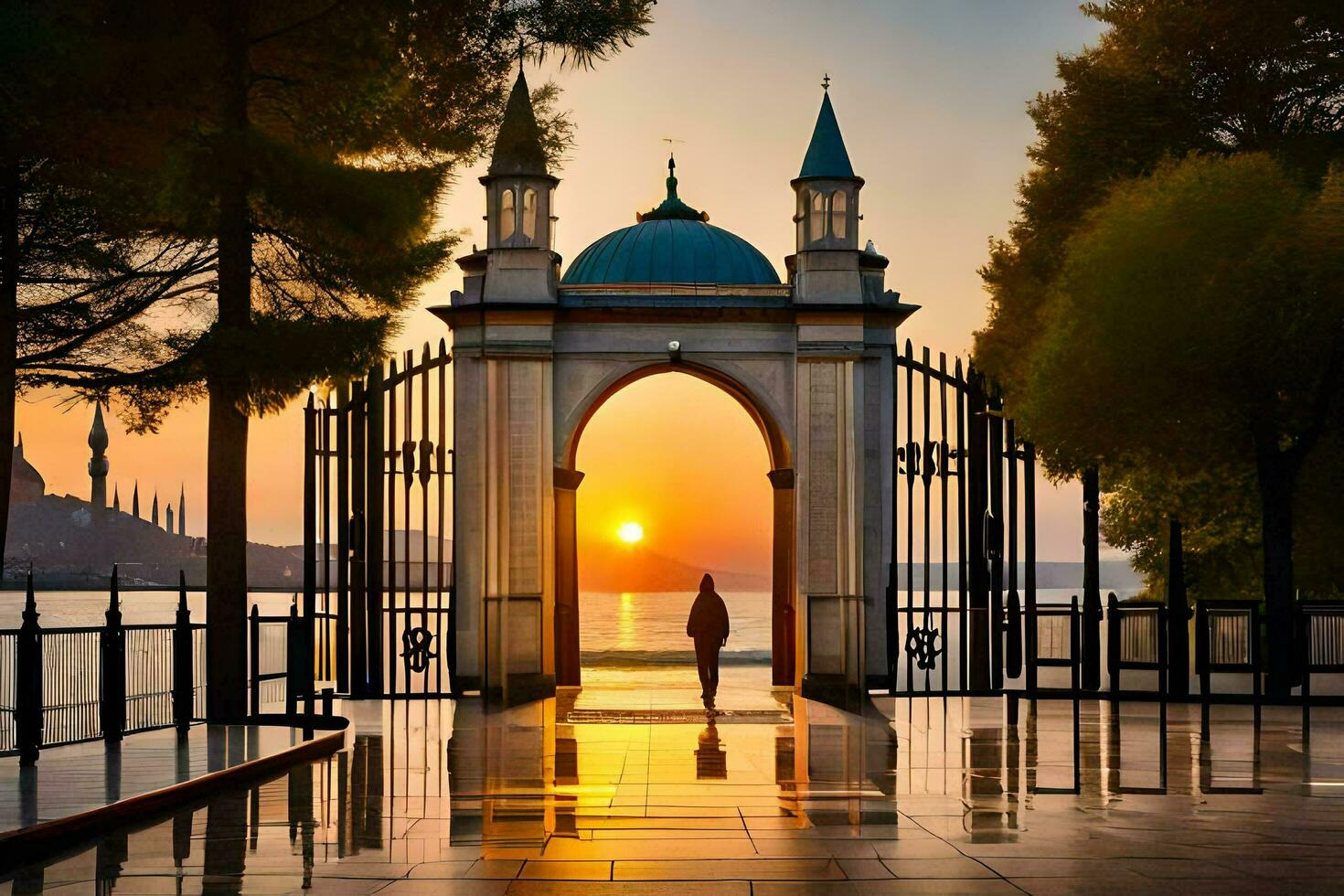 le coucher du soleil à le mosquée de istanbul. généré par ai photo