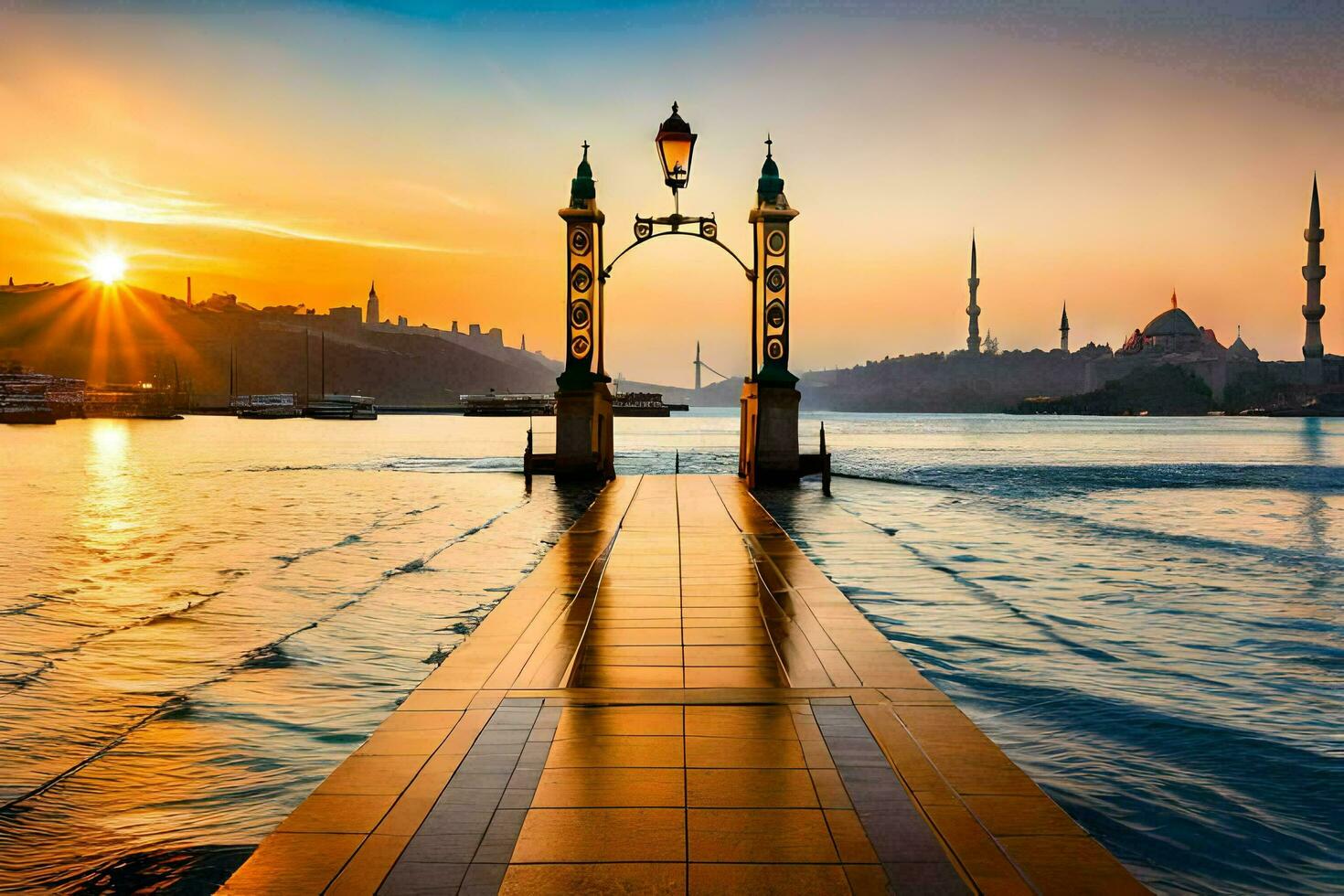 le coucher du soleil plus de le le bosphore pont. généré par ai photo