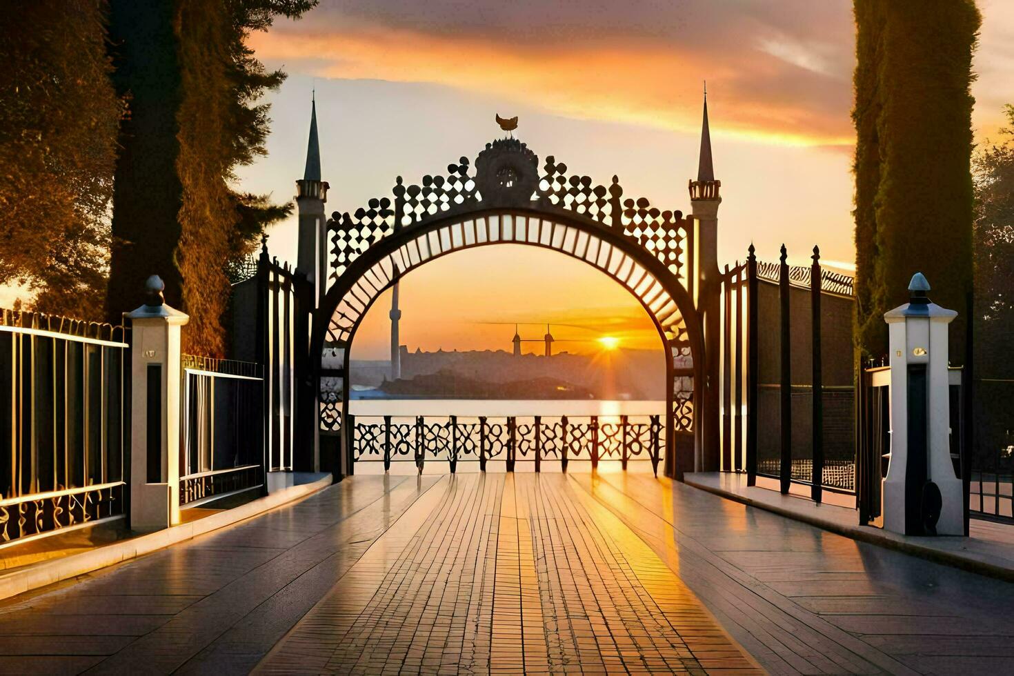 le coucher du soleil à le d'or porte dans istanbul. généré par ai photo