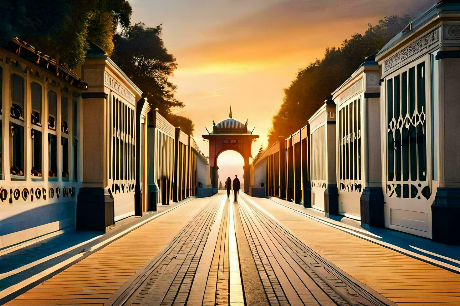 une longue passerelle avec une porte à le fin. généré par ai photo