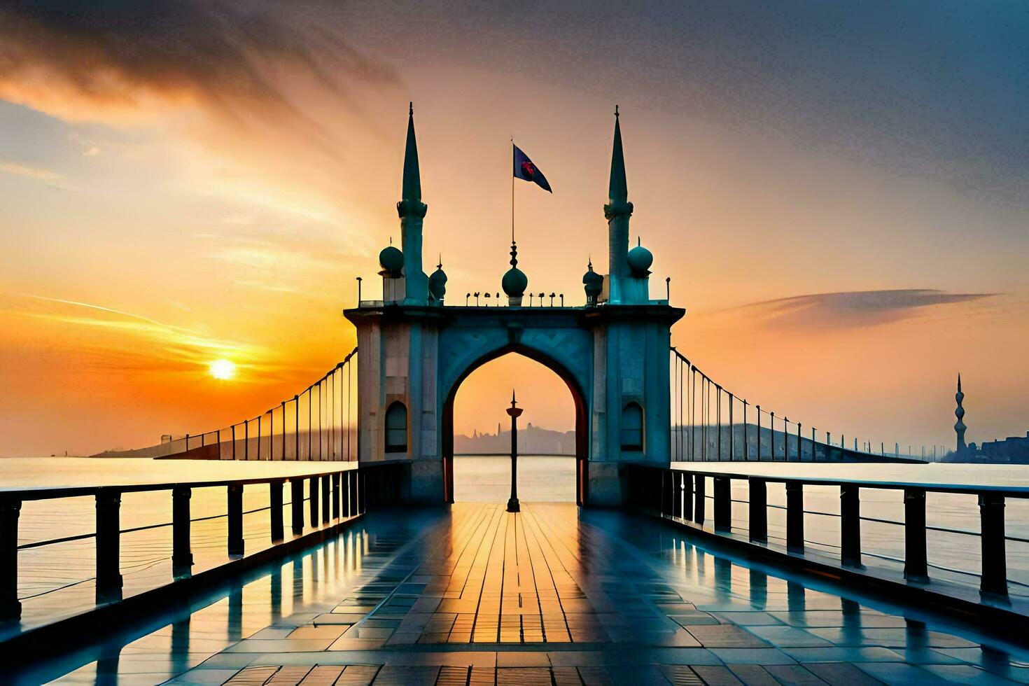 le pont à le coucher du soleil avec une la tour dans le Contexte. généré par ai photo