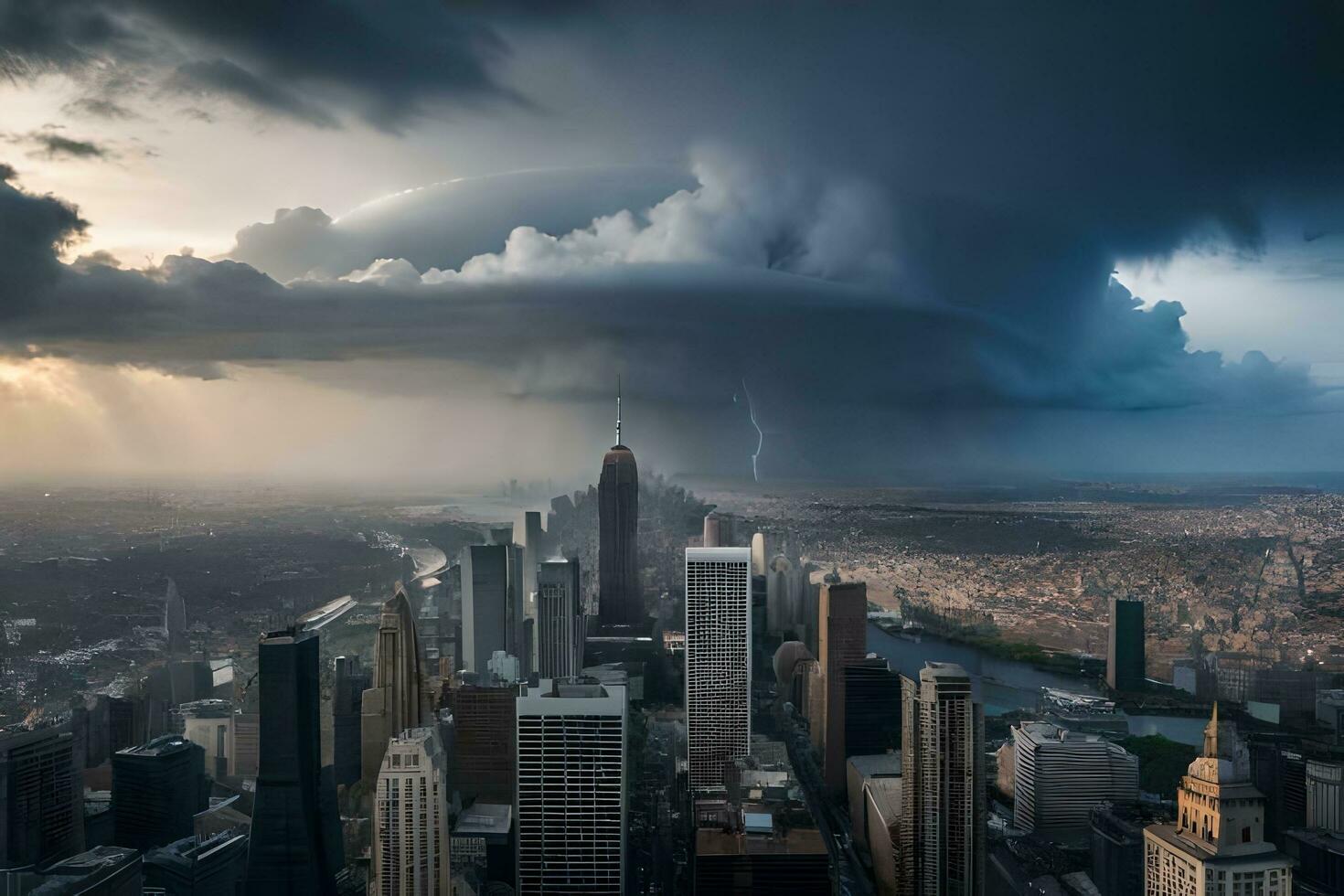 une orage est vu plus de une ville avec grand bâtiments. généré par ai photo