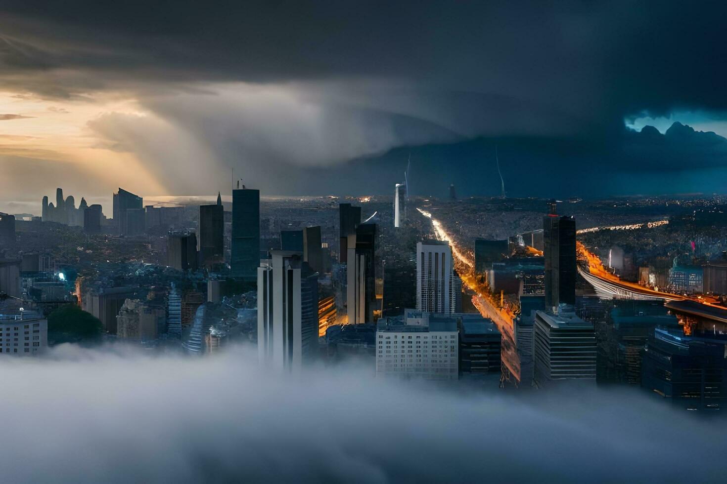 une ville est vu dans le des nuages avec une orage à venir dans. généré par ai photo