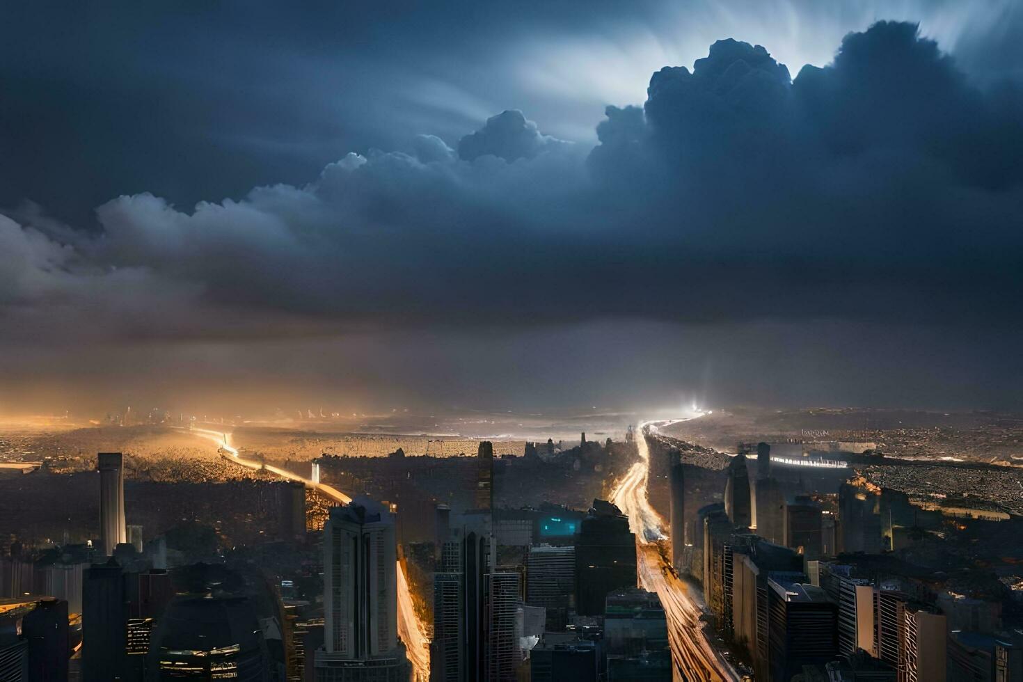 une ville en dessous de une foncé ciel avec une lumière brillant par le des nuages. généré par ai photo