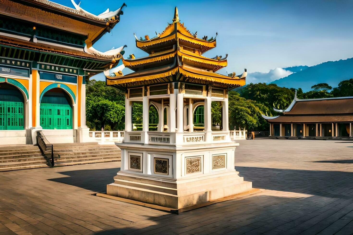 le pagode dans le milieu de une grand Cour. généré par ai photo