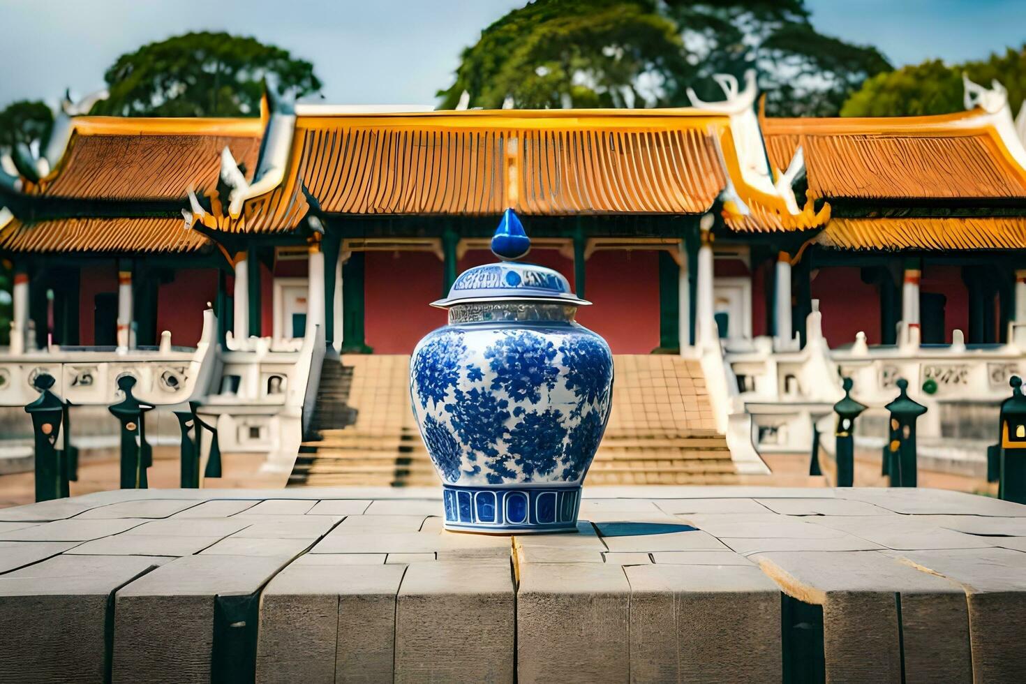 une bleu et blanc vase séance sur une pierre plateforme. généré par ai photo