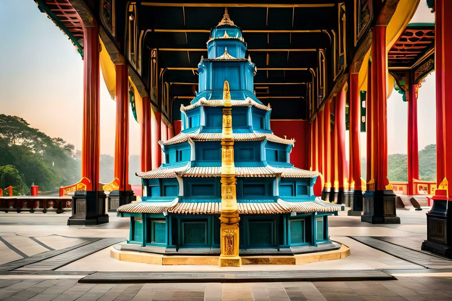 une bleu pagode dans une grand bâtiment avec rouge piliers. généré par ai photo