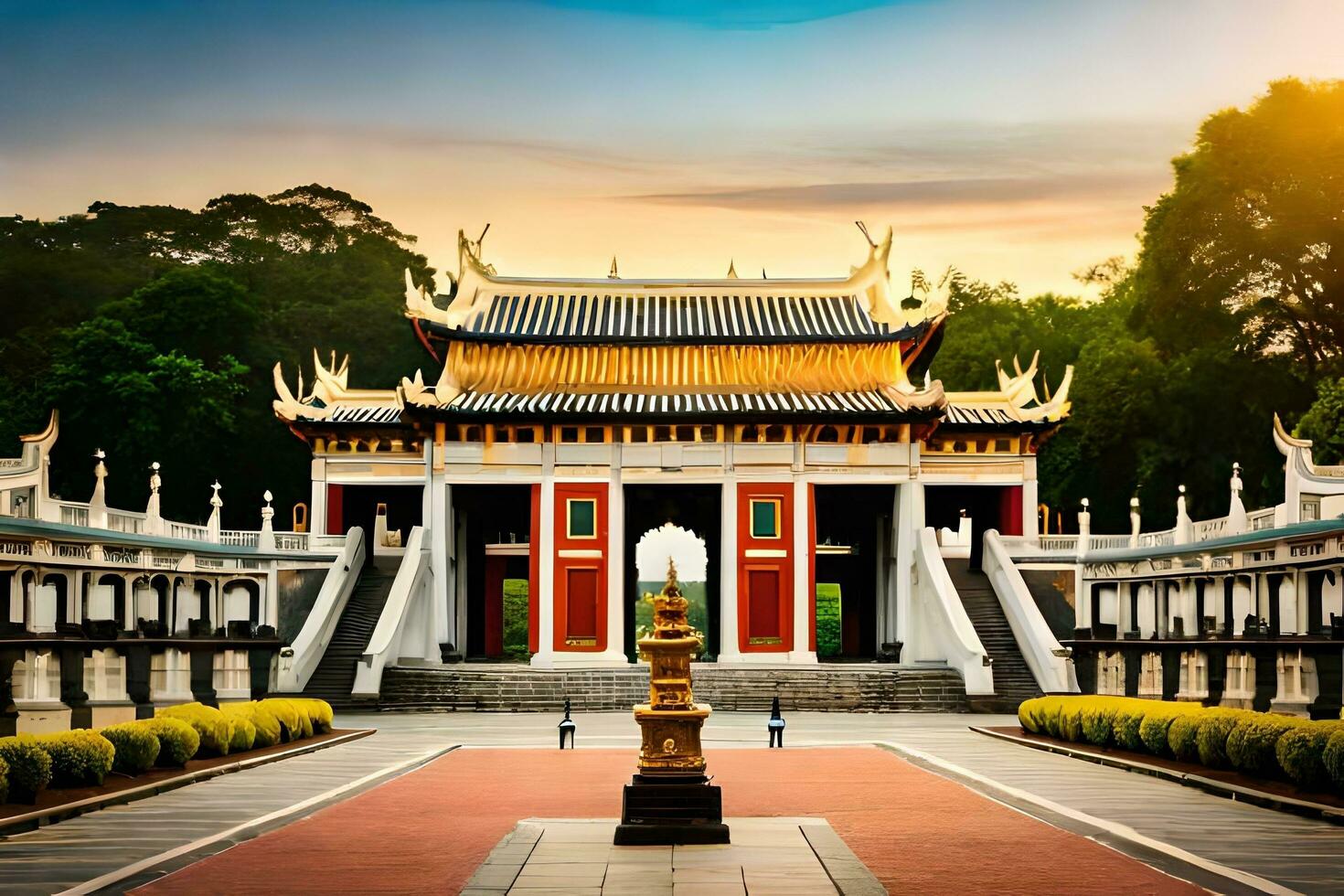 le d'or porte de le temple dans le Matin. généré par ai photo