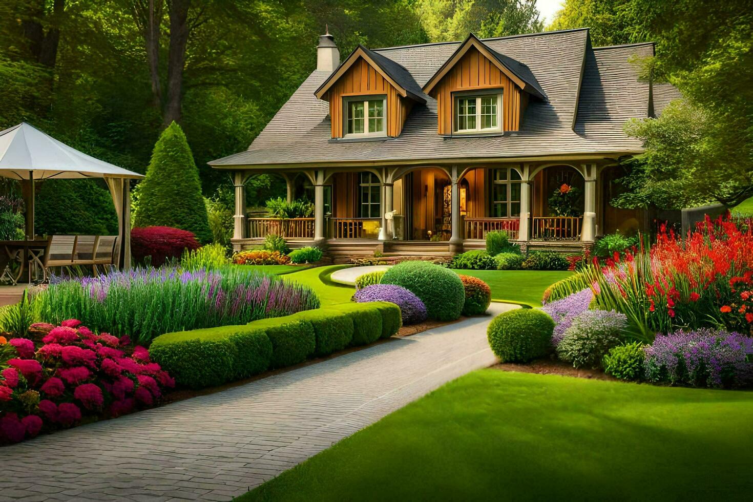 magnifique jardin avec une maison et fleurs. généré par ai photo