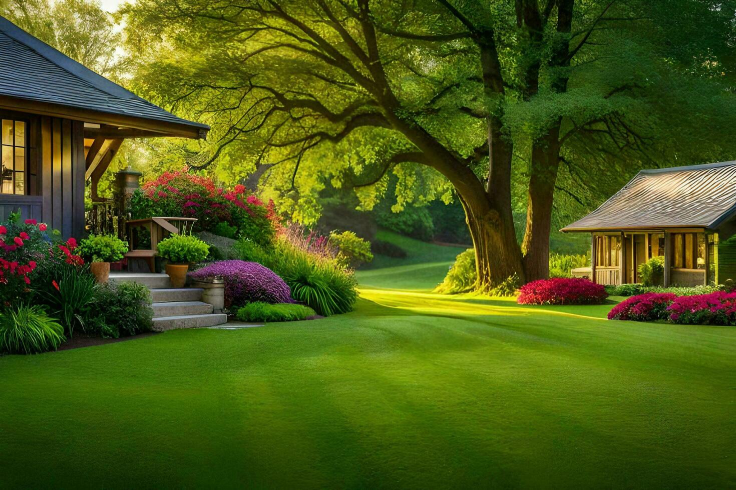 une magnifique jardin avec une maison et fleurs. généré par ai photo